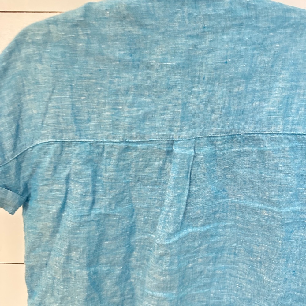 TAHARI S 100% Linen short sleeve blue camp blouse cottagecore Lagonlook coastal - Picture 6 of 10